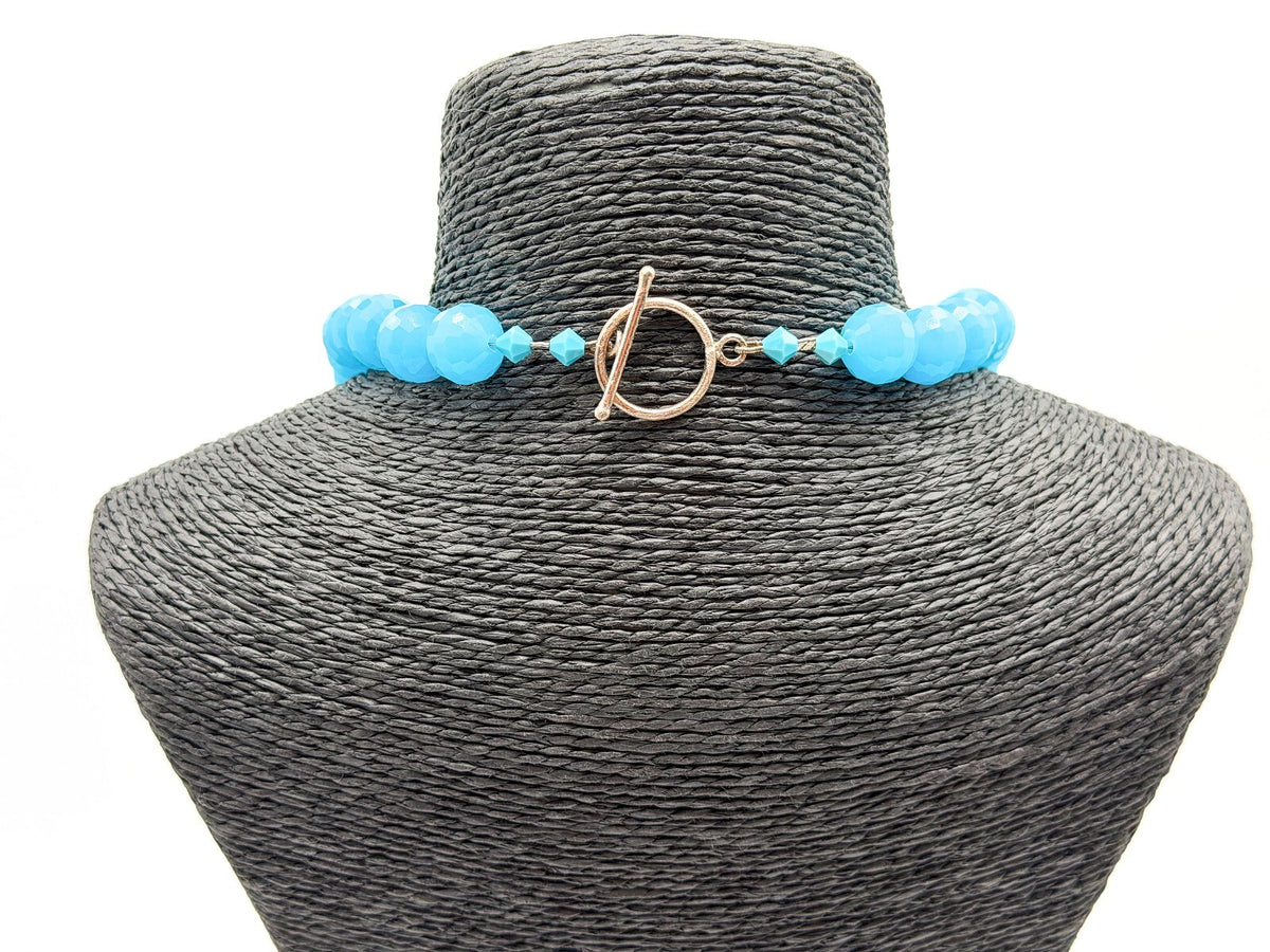 Blue Floral Statement Necklace Polymer Clay Rose Beads Faceted Glass Artisan
