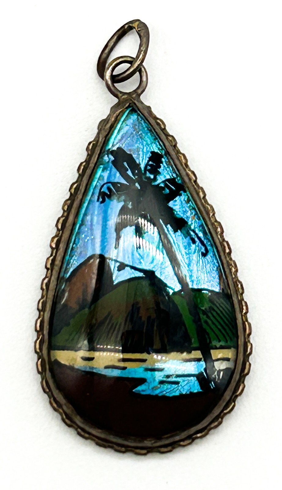 Vintage Morpho Butterfly Wing Pendant Brazil Bubble Glass Deco Reverse Painted