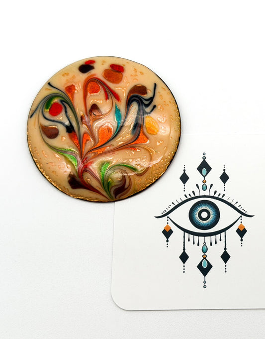 Vintage Enamel Ceramic Brooch Abstract Floral Swirl Round Statement Pin