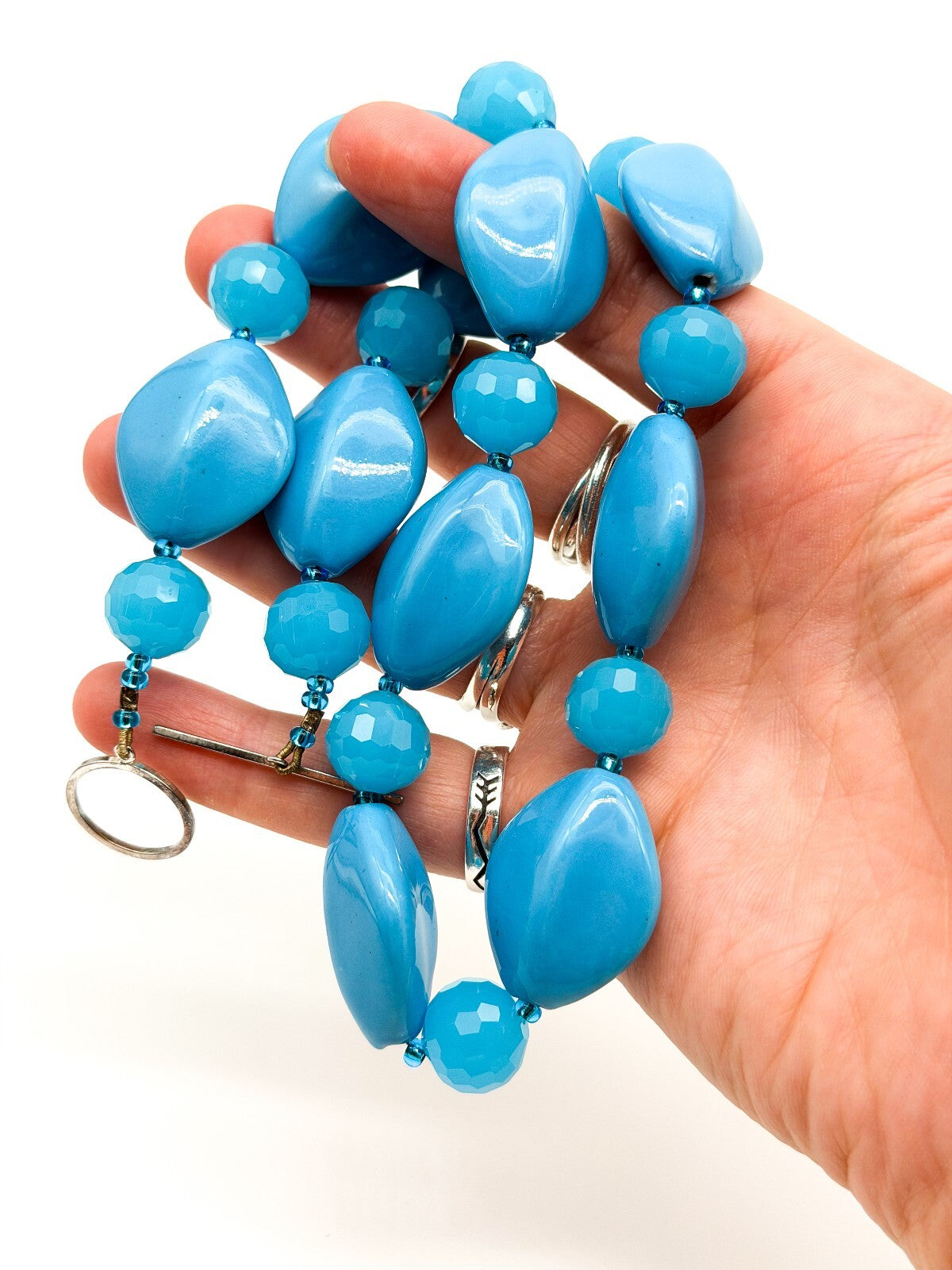 Blue Ceramic Glass Statement Necklace Sky Blue Toggle Clasp 20.5” Summer