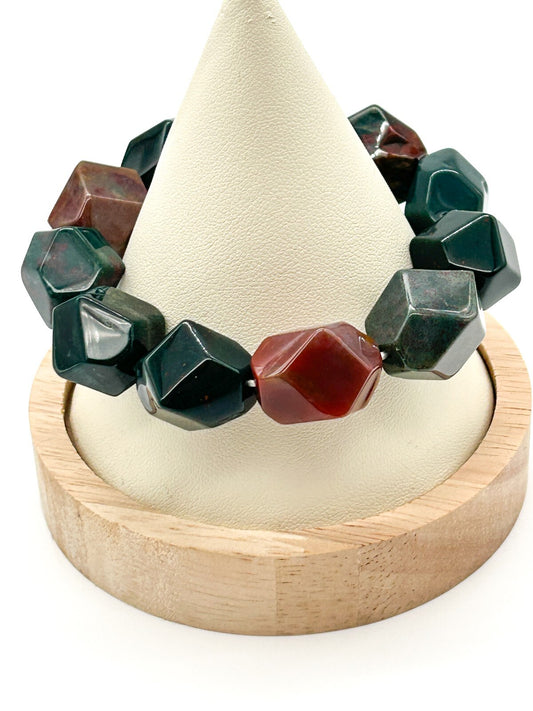 Chunky Bloodstone Jasper Stretch Bracelet Faceted Cube Gemstone Bracelet