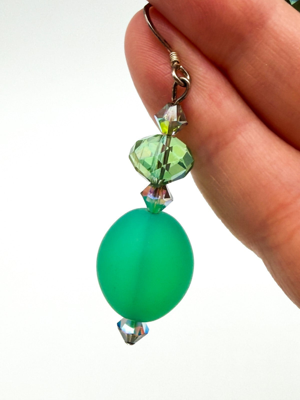 Frosted Green Glass Necklace Earrings Set Lampwork Beads Toggle Clasp Statement