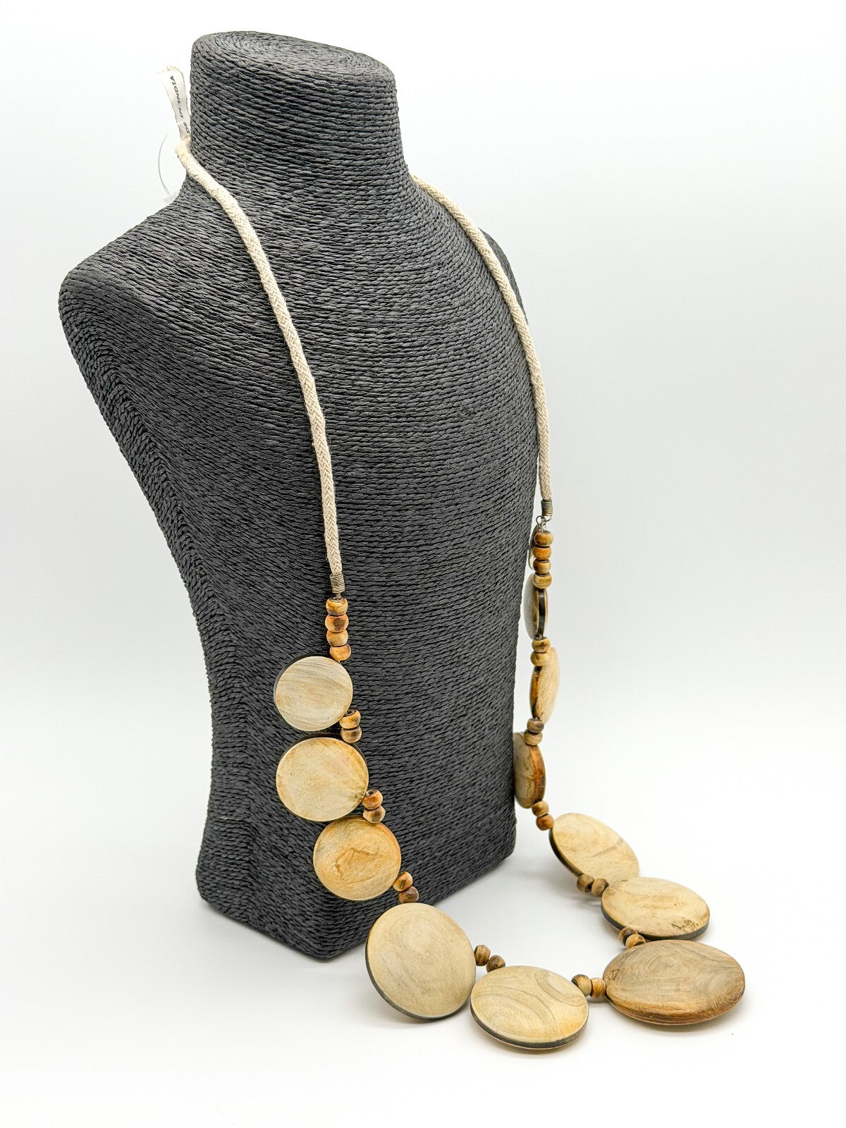 Bandolera Artisan Wooden Disc Necklace Long Statement Boho Natural Wood 19.5”