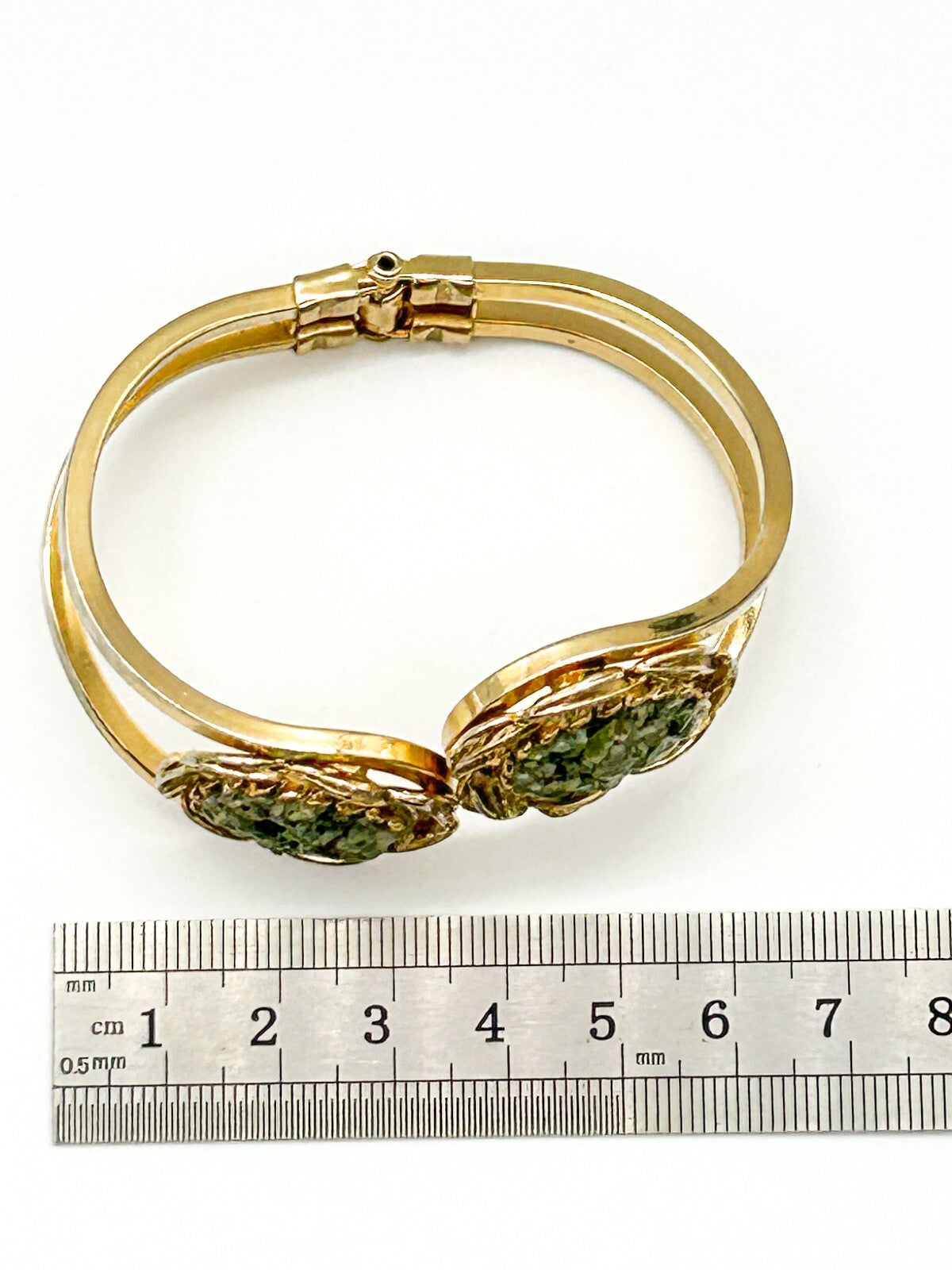 Vintage Gold Tone Faux Jade Glass Clamper Bangle Hinged Bracelet