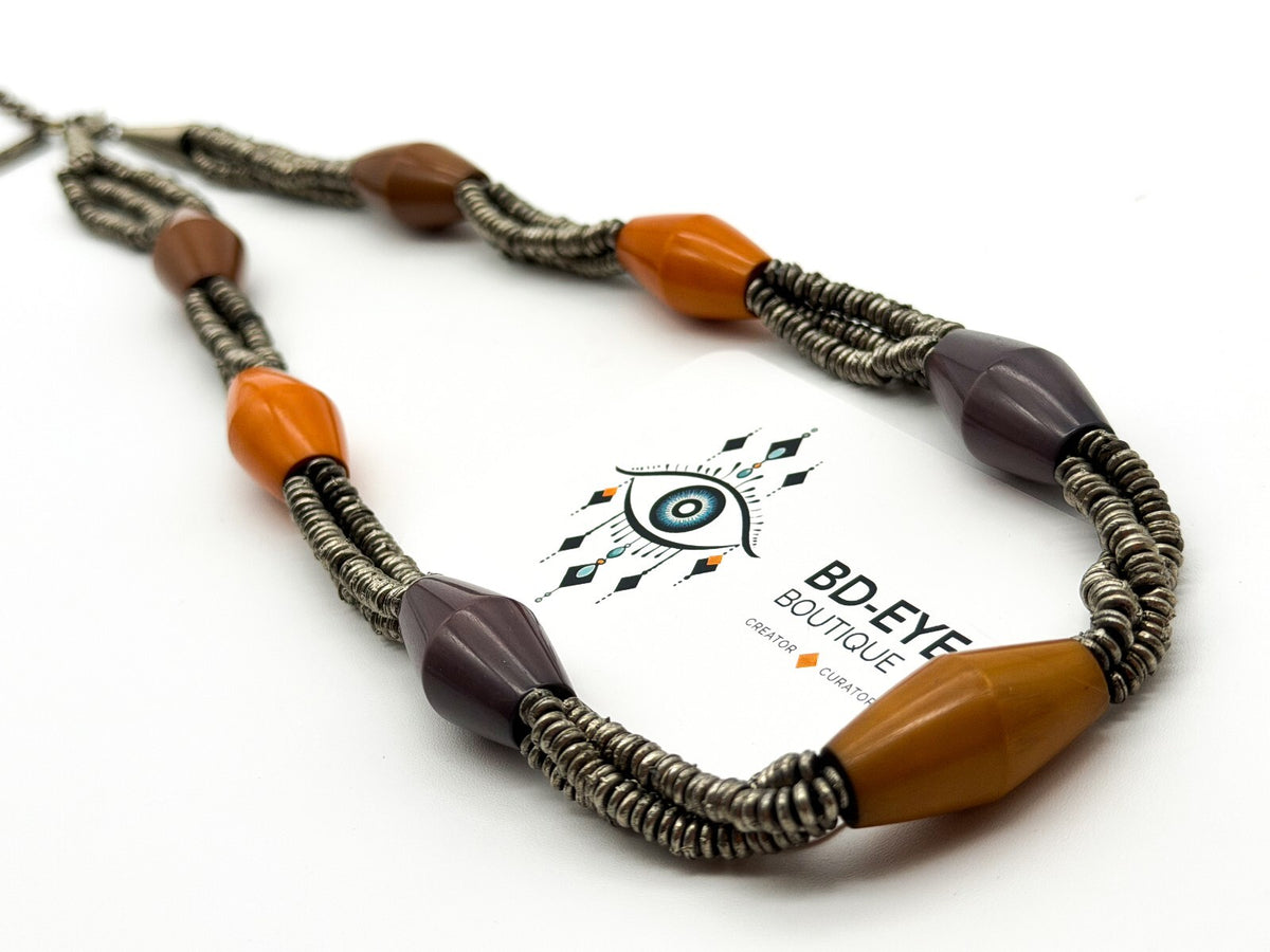 East Triple Strand Statement Necklace Silver Tone Coiled Beads Acrylic Bicone