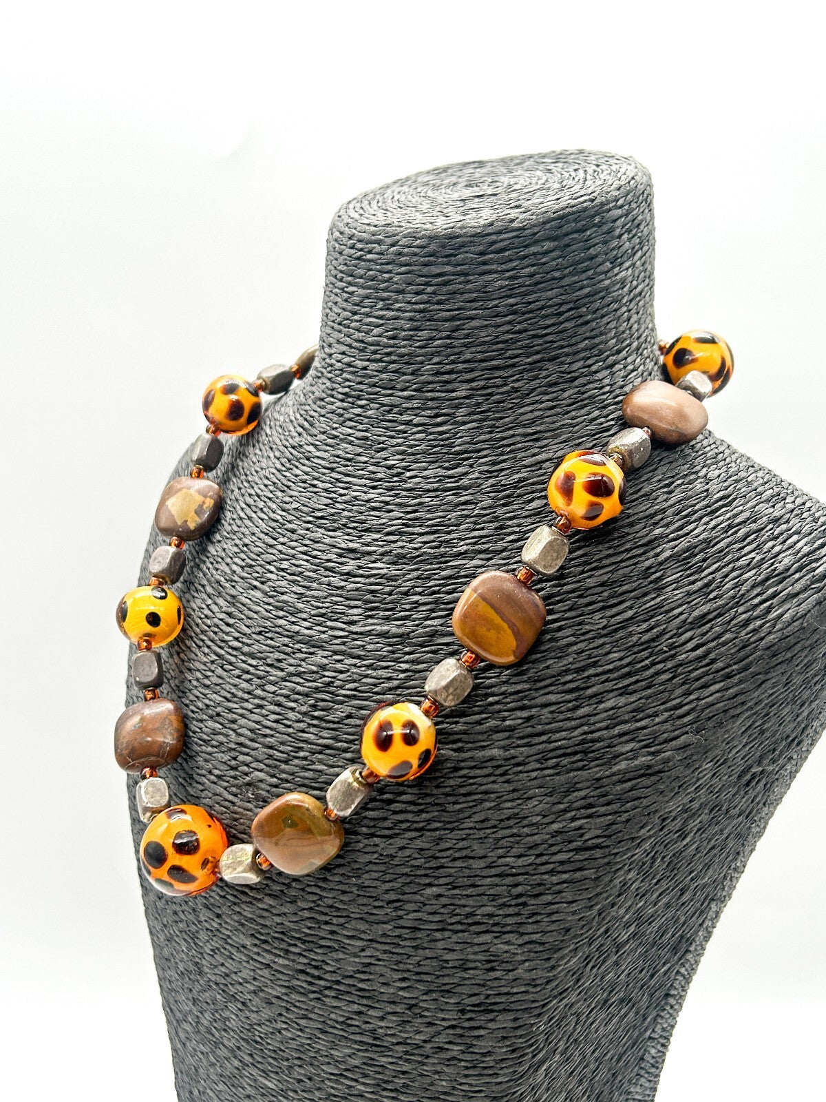 Vintage Jasper & Orange Spotted Glass Bead Necklace Leopard Print Style 19”