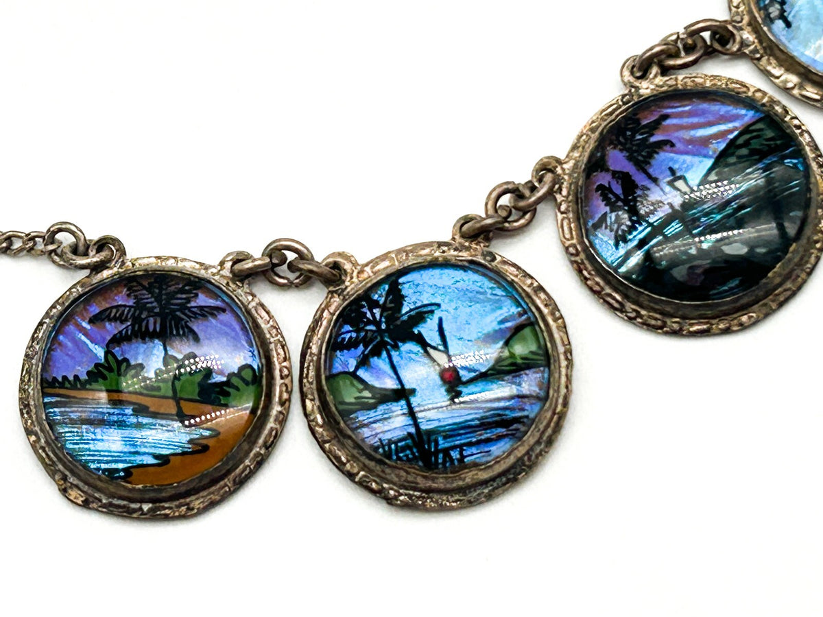 Morpho Butterfly Wing Necklace Tropical Painted Bubble Glass Brazil 1920s-1930s