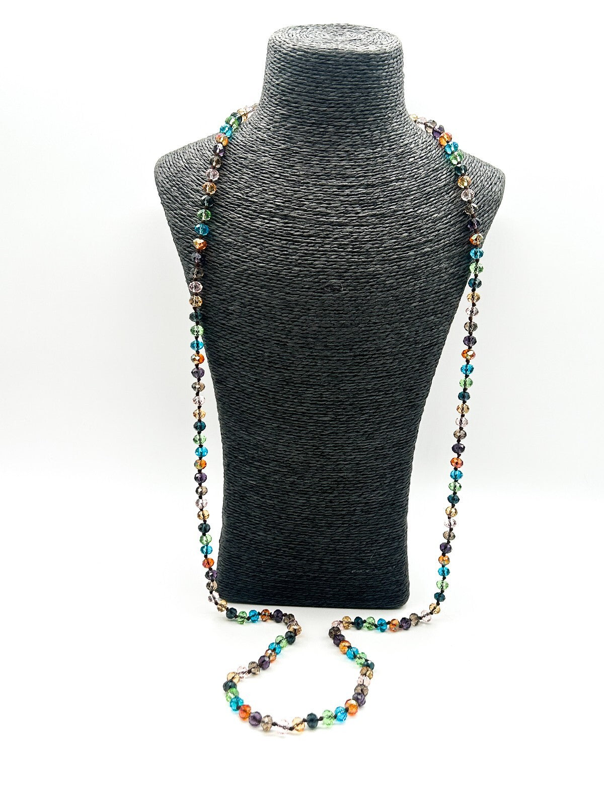Vintage Multicolour Faceted Crystal Glass Necklace Hand Knotted Rainbow 23"
