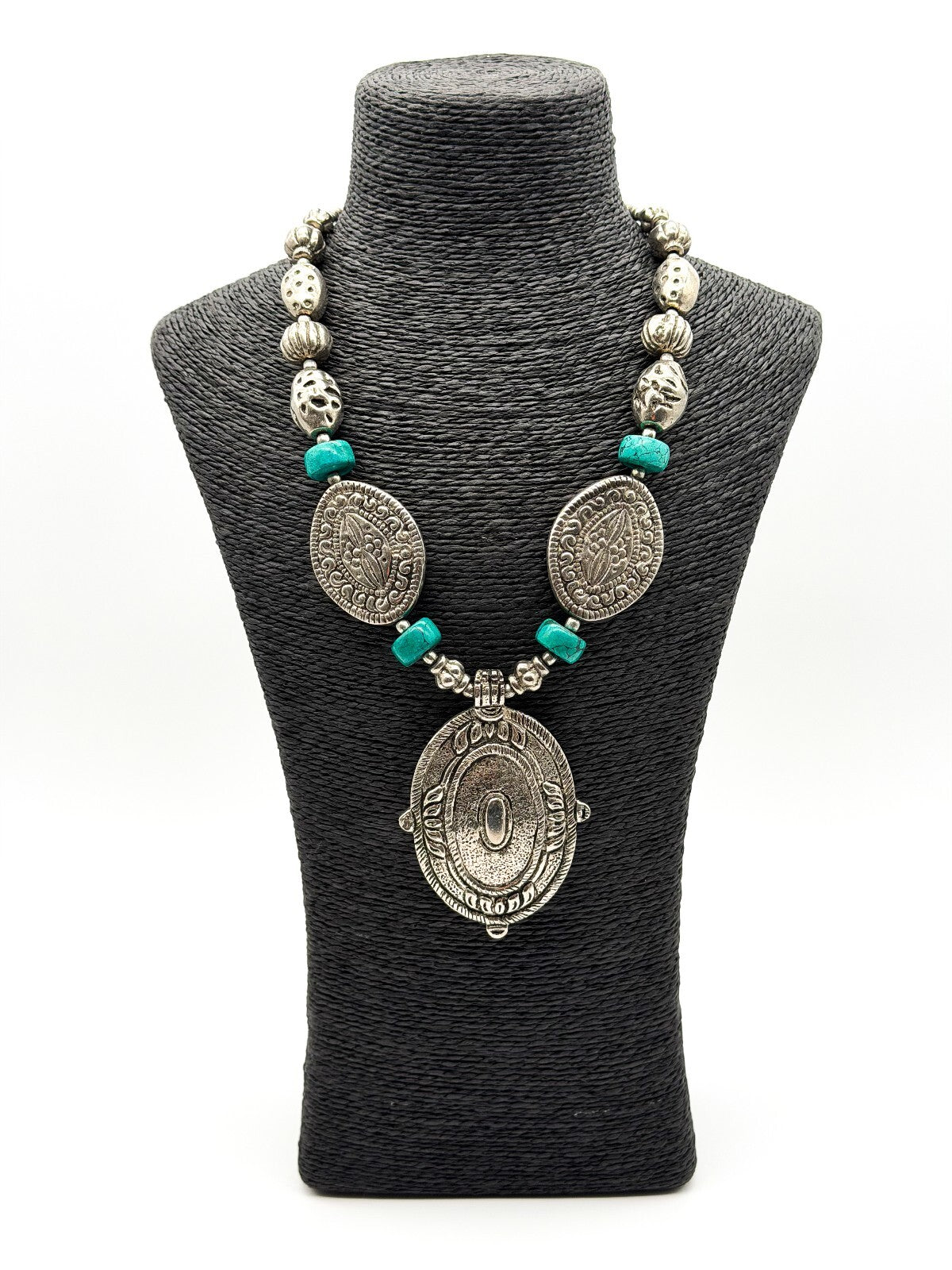 Large Silver Tone Medallion Statement Necklace Turquoise Howlite Boho Festival