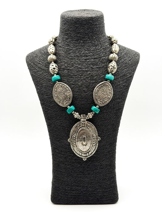 Large Silver Tone Medallion Statement Necklace Turquoise Howlite Boho Festival