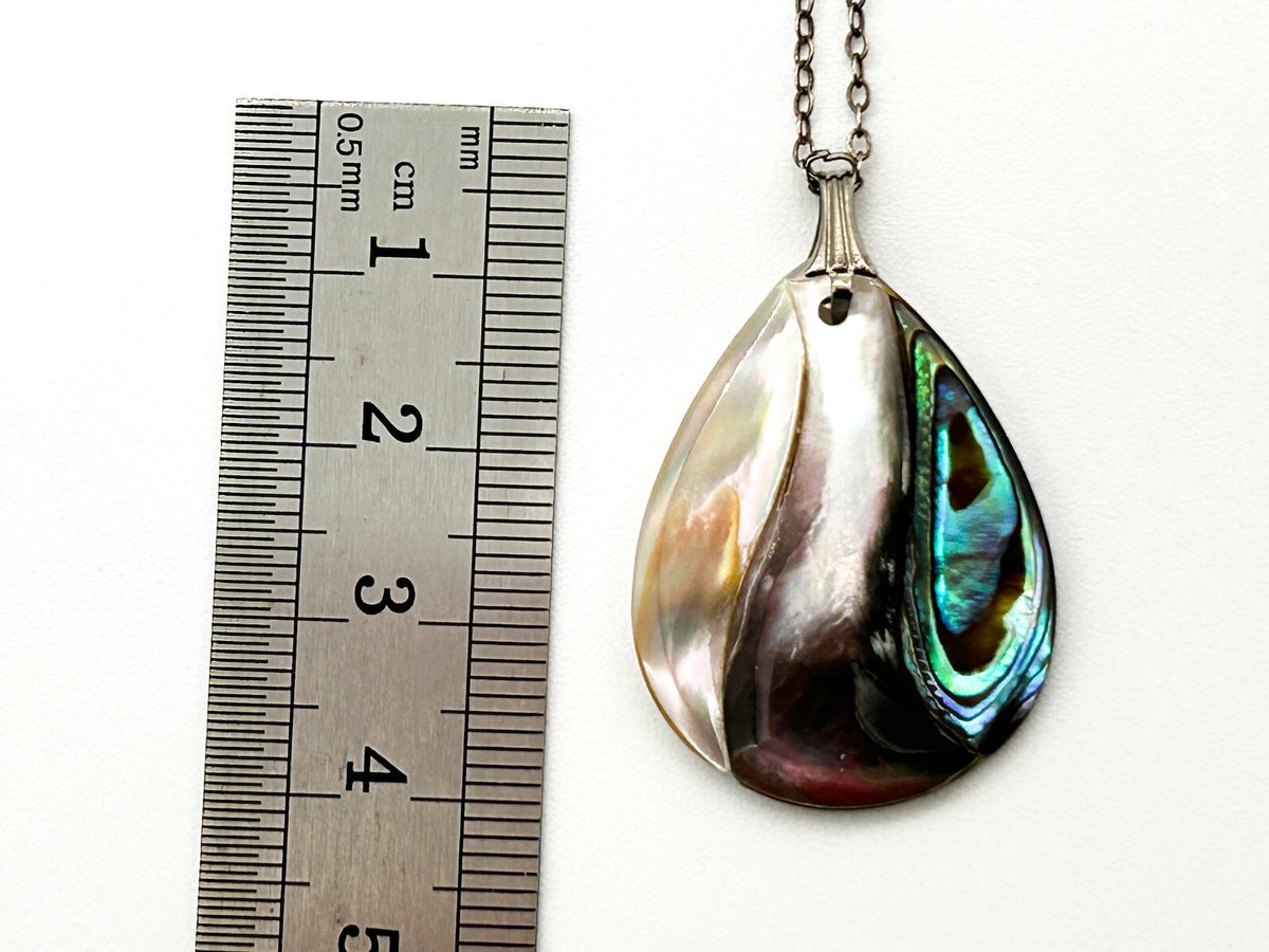 Vintage Sterling Silver Chain Abalone Mother of Pearl Teardrop Pendant Necklace