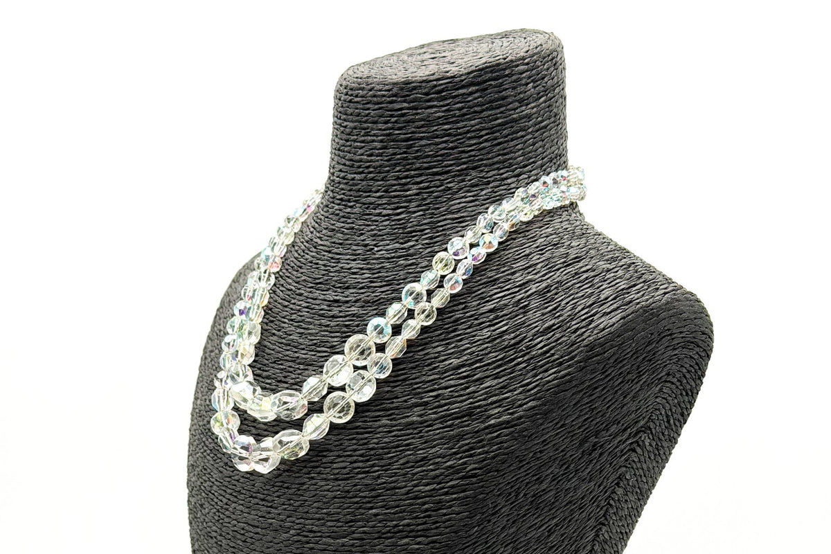 Vintage Aurora Borealis Crystal Glass Double Strand Necklace Rhinestone Clasp