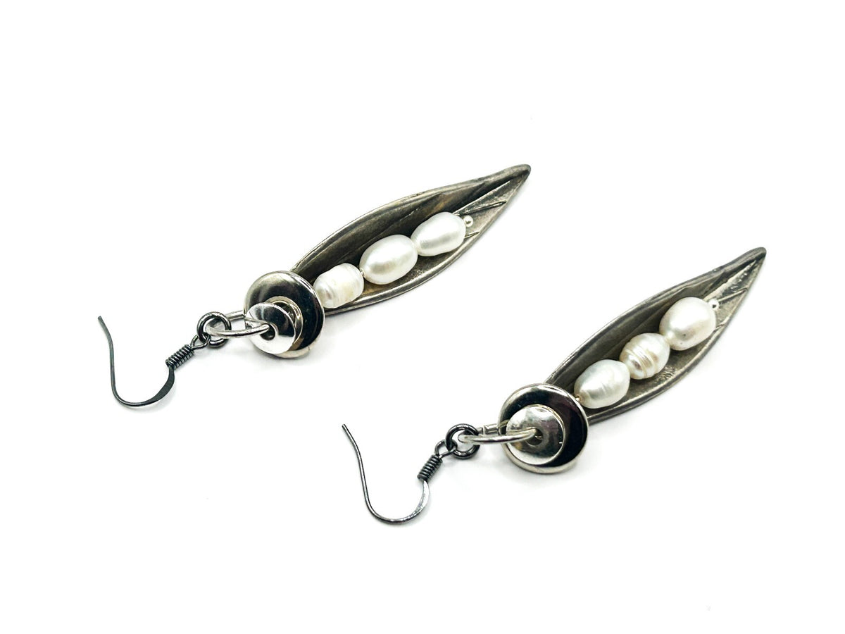 Freshwater Pearl Sculptural Leaf Earrings Silver Tone BD-Eye Original