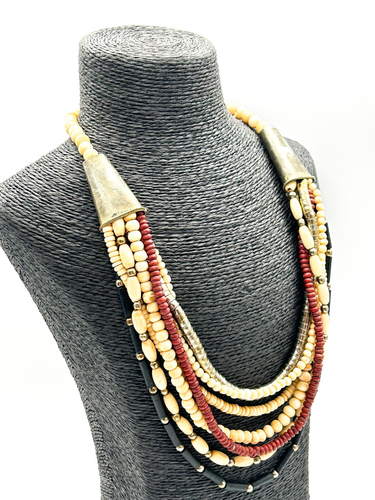 Vintage 7 Strand Organic Bead Necklace Black Cream Red Boho Statement