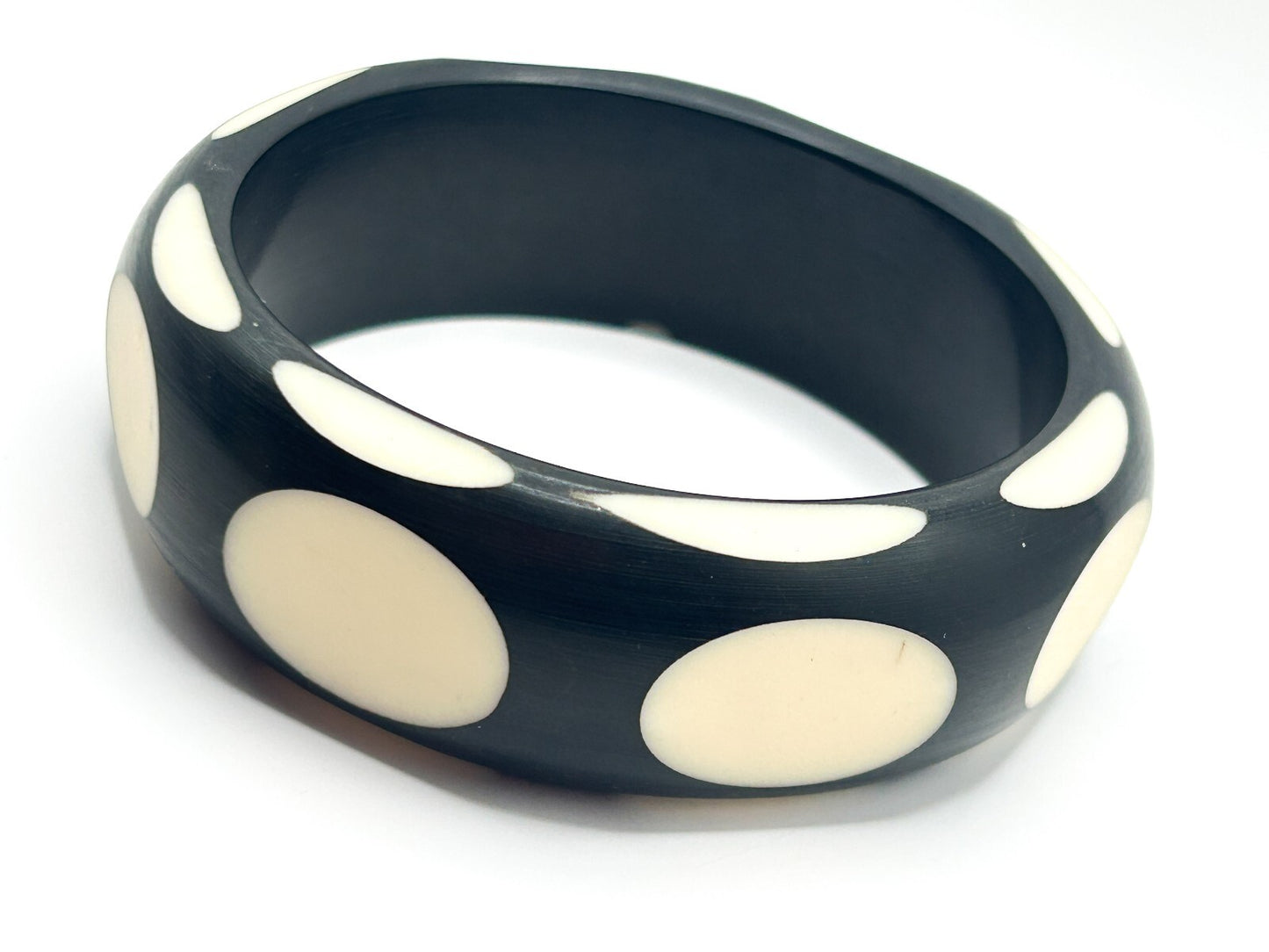 Vintage Black Cream Polka Dot Chunky Acrylic Bangle Bracelet Retro Mod