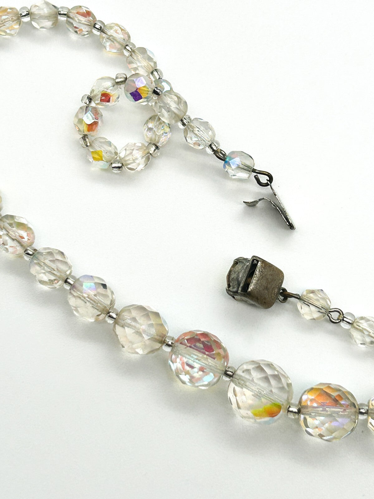 Vintage Aurora Borealis Crystal Necklace Faceted Glass Rhinestone Box Clasp 18"