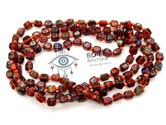 Vintage Orange Czech Art Glass Hand Knotted Necklace Blue Green Spatter Cubes