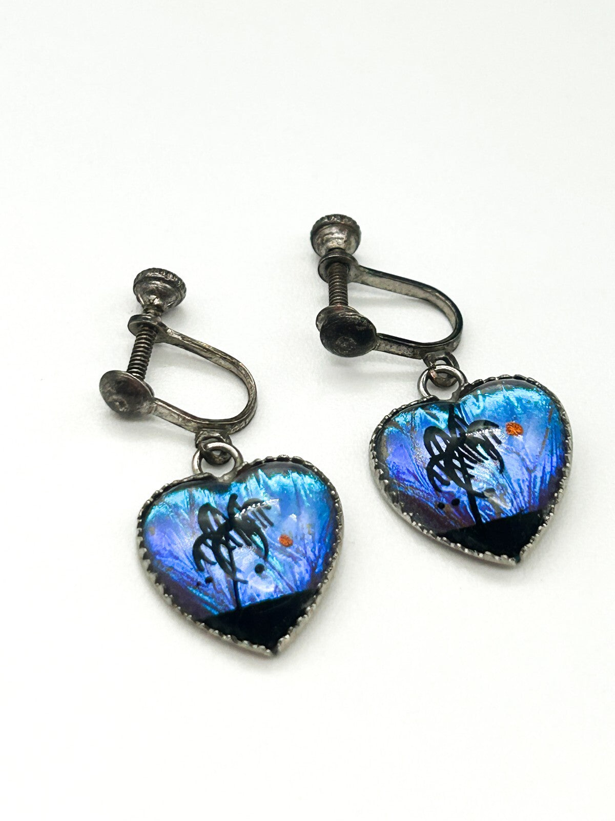 Vintage Sterling Silver Morpho Butterfly Wing Heart Screw Back Earrings Tropical