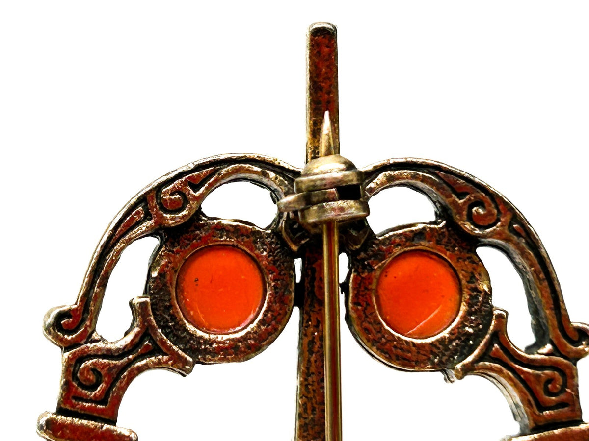 Vintage Celtic Penannular Brooch Faux Carnelian Glass Gold Tone Scarf Pin