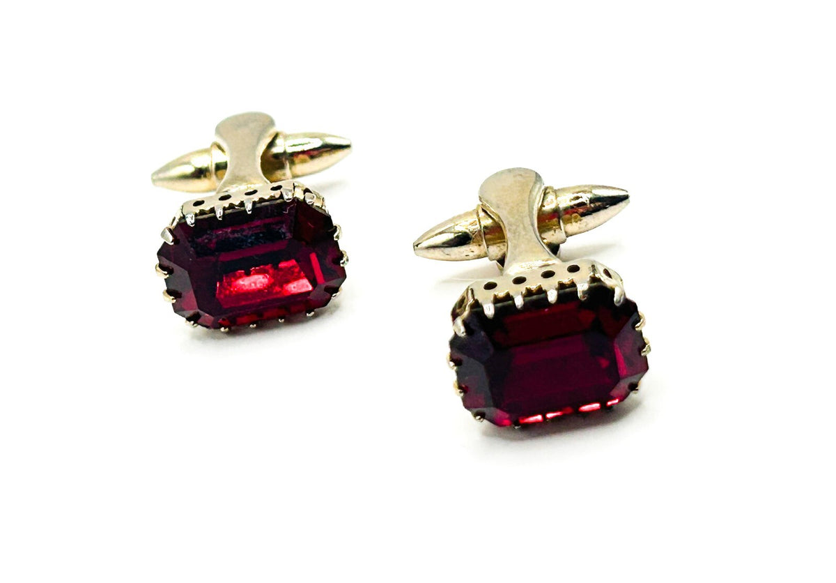 Vintage Ruby Red Faceted Glass Gold Tone Cufflinks PAT APP Prong Set 1950s 60s