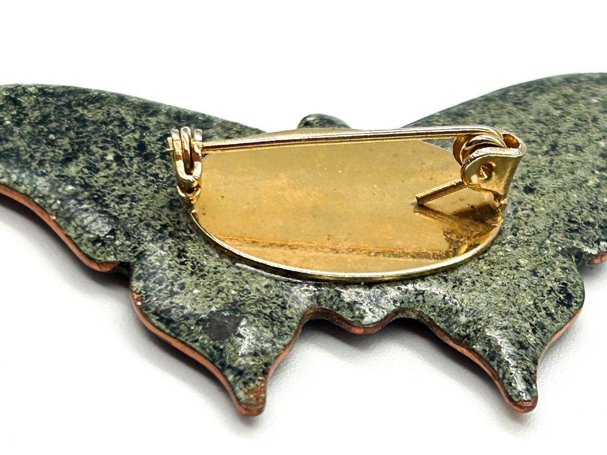 Vintage Glazed Ceramic Enamel Butterfly Brooch Amber Black Red Statement Pin