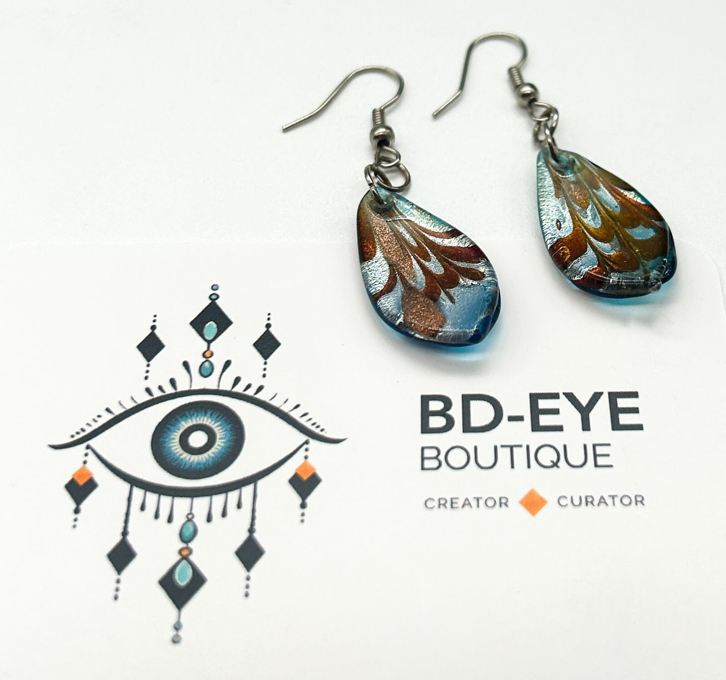 Vintage Blue Copper Metallic Art Glass Drop Earrings Teardrop Foil Glass Dangle