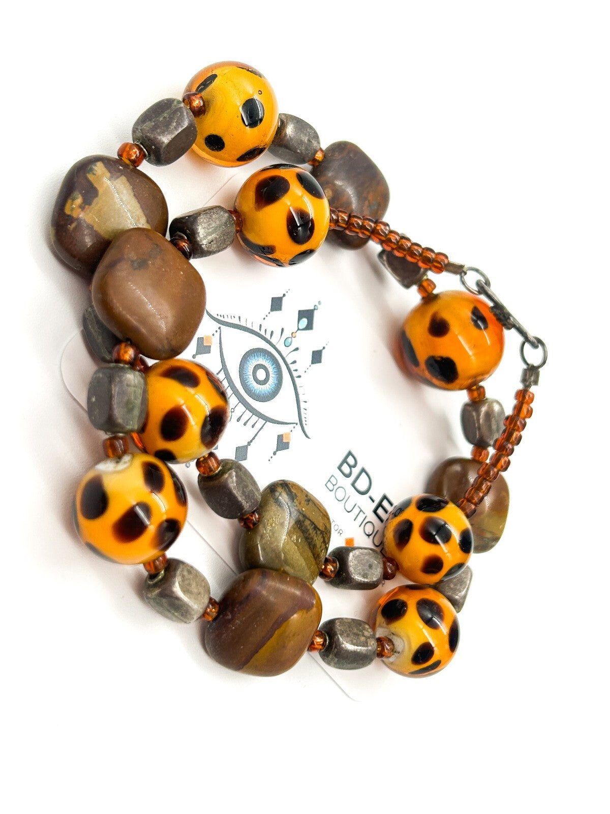 Vintage Jasper & Orange Spotted Glass Bead Necklace Leopard Print Style 19”