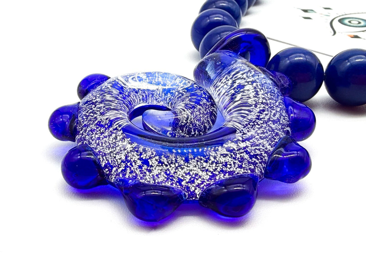 Cobalt Blue Agate Necklace Art Glass Swirl Spiral Pendant Statement Murano-style