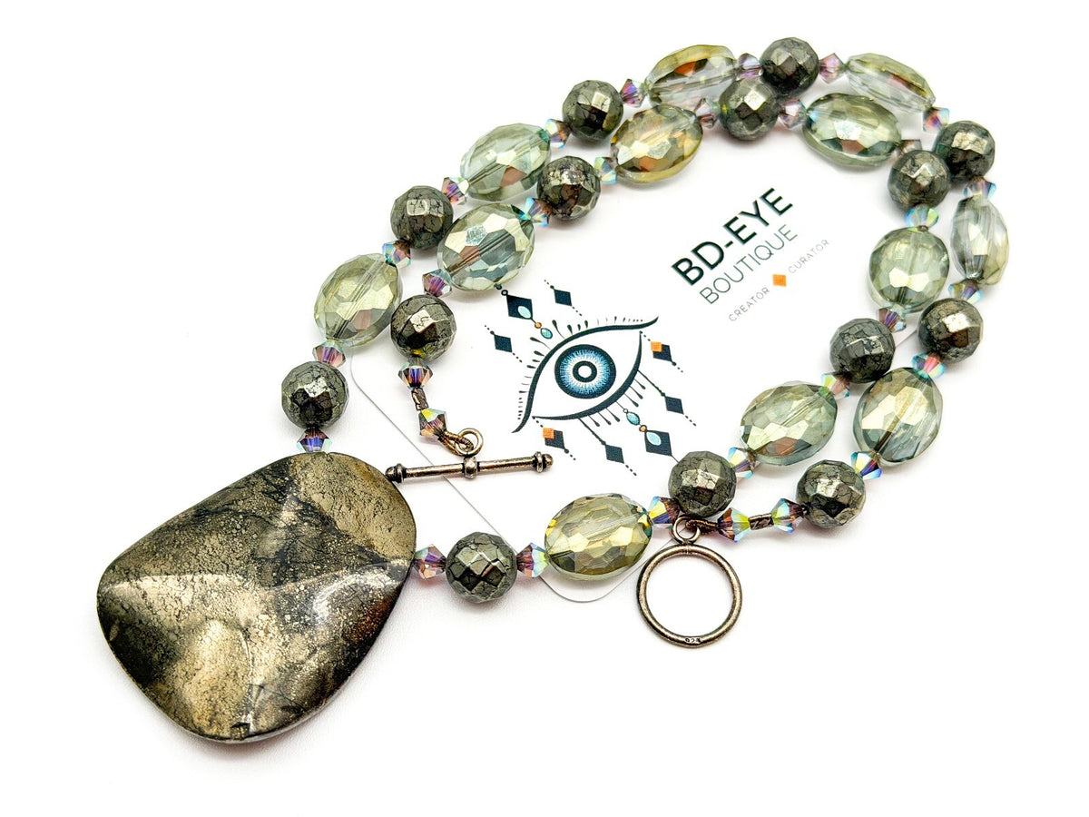 Natural Pyrite Statement Necklace Faceted Smoky AB Crystal Gemstone Pendant
