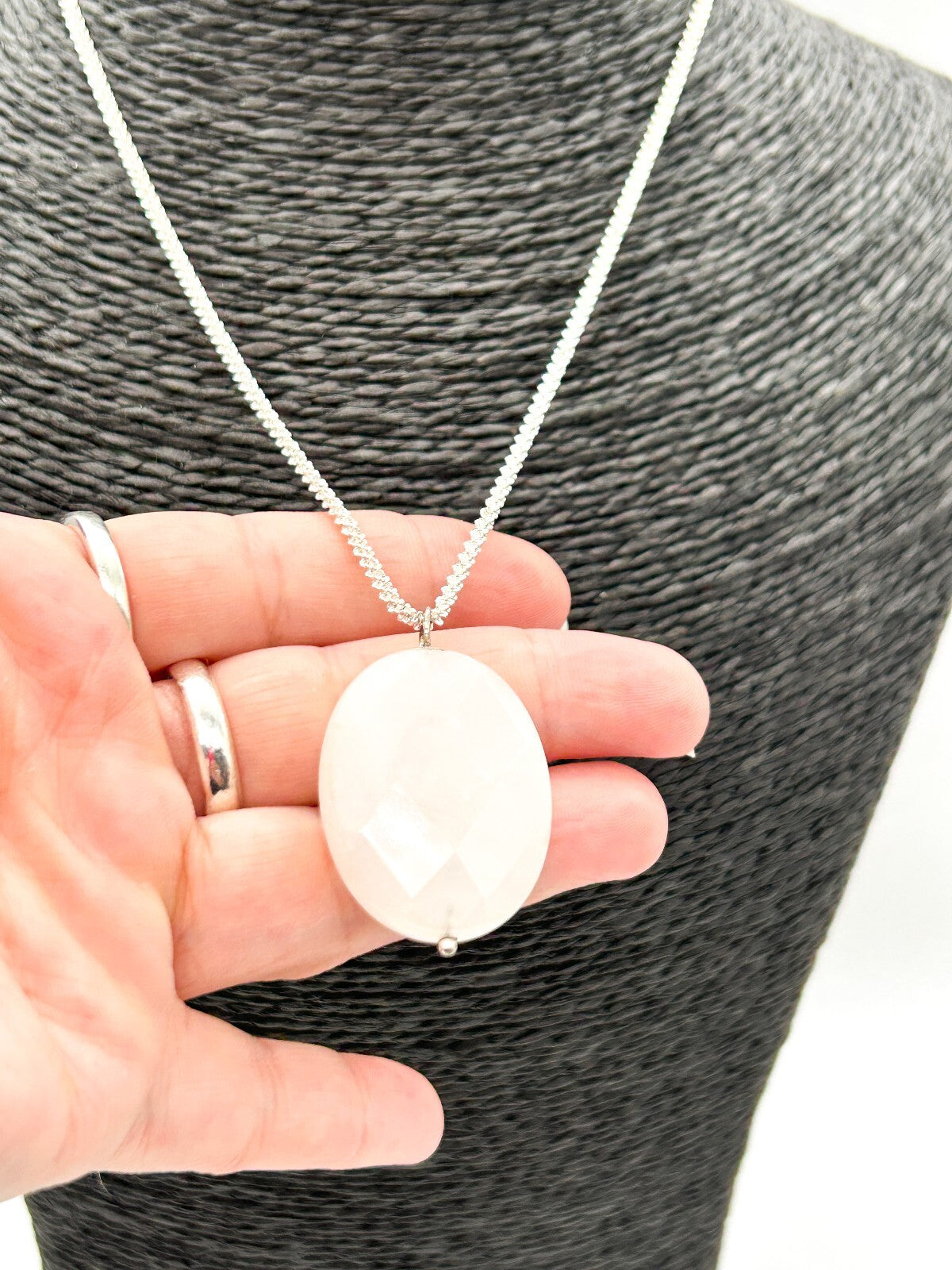 Natural White Jade Pendant Necklace Faceted Oval Gemstone 16.5” Silver Tone