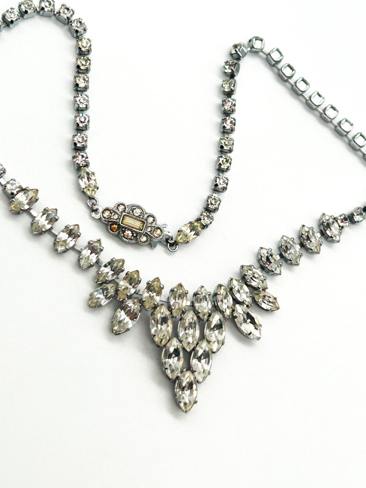 Vintage Clear Marquise Rhinestone Statement Necklace Silver Tone Bridal Wedding