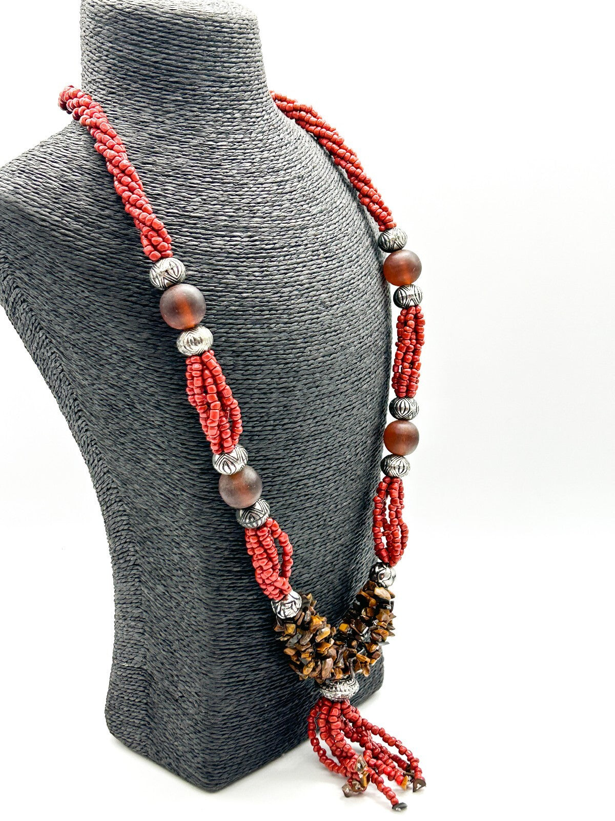 Vintage Tiger’s Eye Amber 6 Strand Tassel Necklace Red Glass Boho Statement