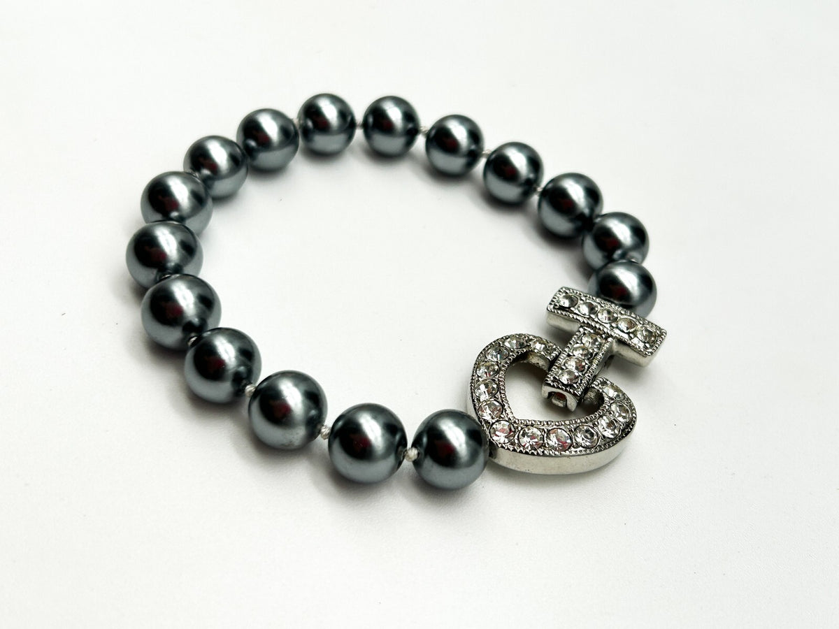 Vintage Grey Faux Pearl Necklace Bracelet Set Rhinestone Heart Clasp 19” 8.5”