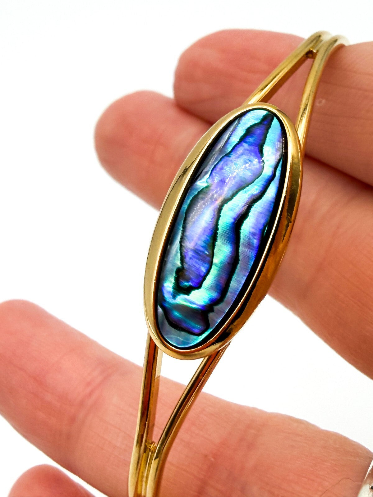 Gold Tone Abalone Paua Shell Torque Cuff Bangle Blue Green Iridescent Bracelet