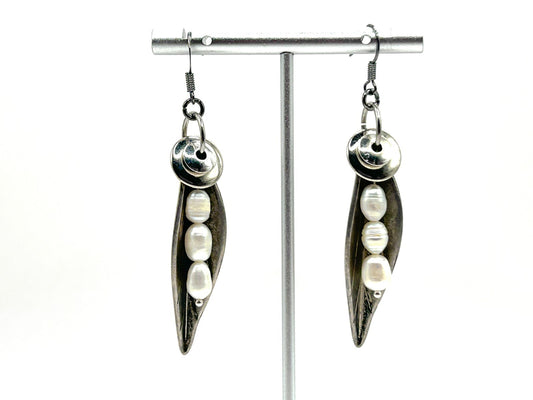 Freshwater Pearl Sculptural Leaf Earrings Silver Tone BD-Eye Original