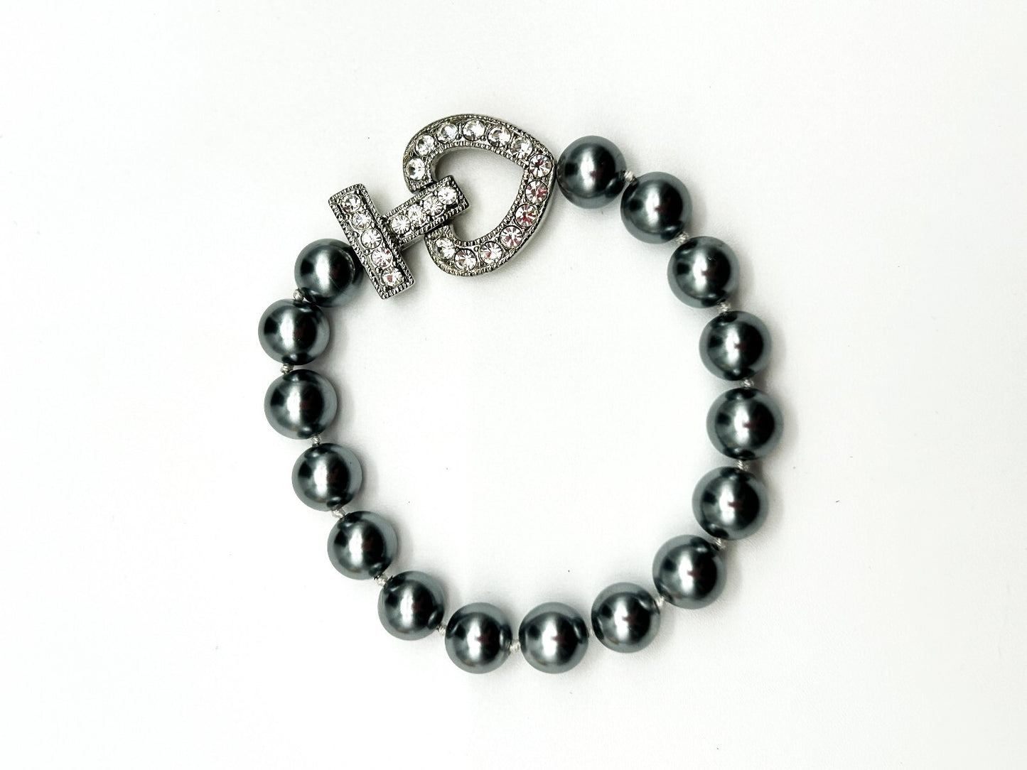 Vintage Grey Faux Pearl Necklace Bracelet Set Rhinestone Heart Clasp 19” 8.5”