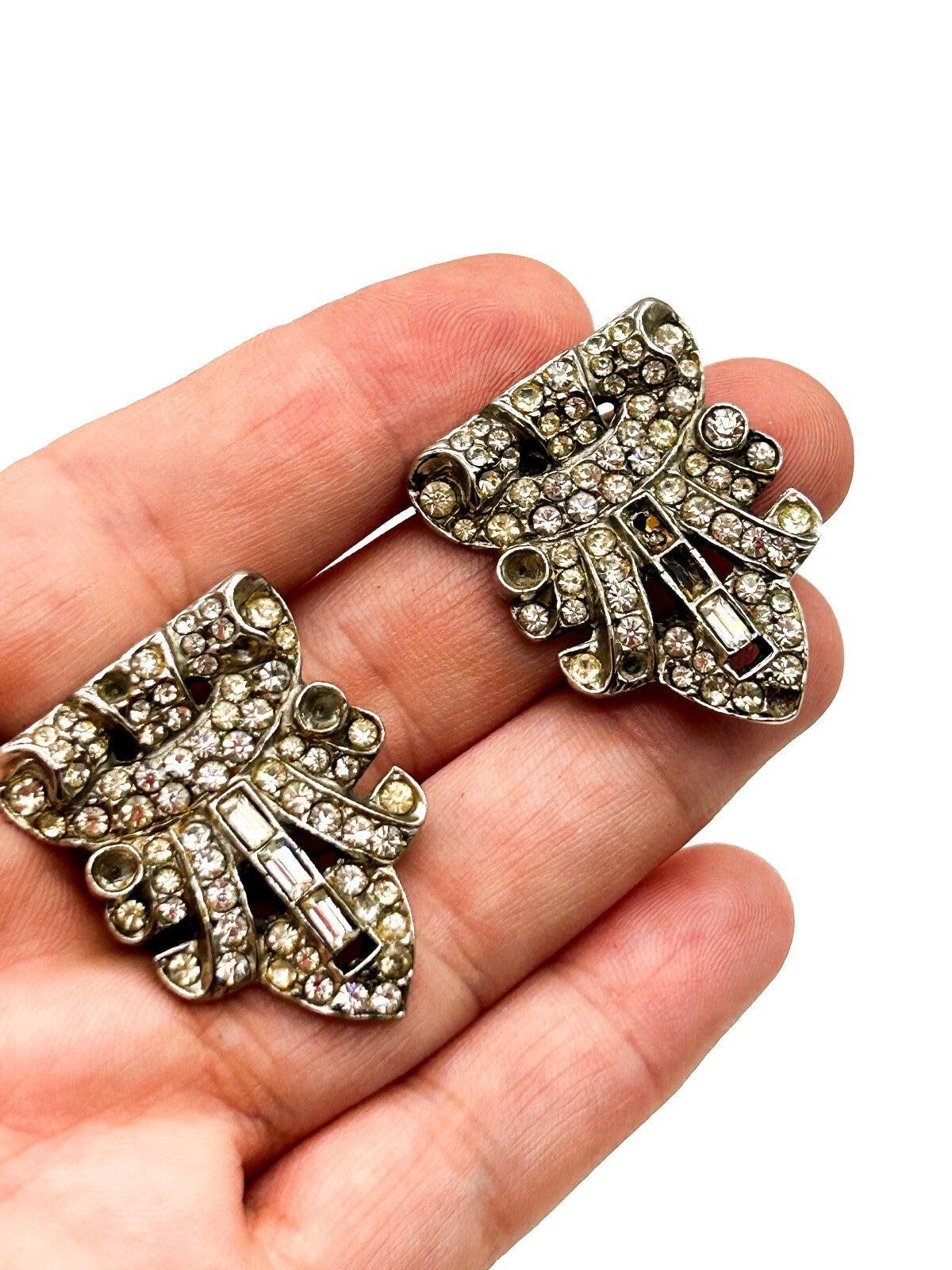 Vintage Rhinestone Duette Brooch Dress Clips Art Deco Style For Restoration