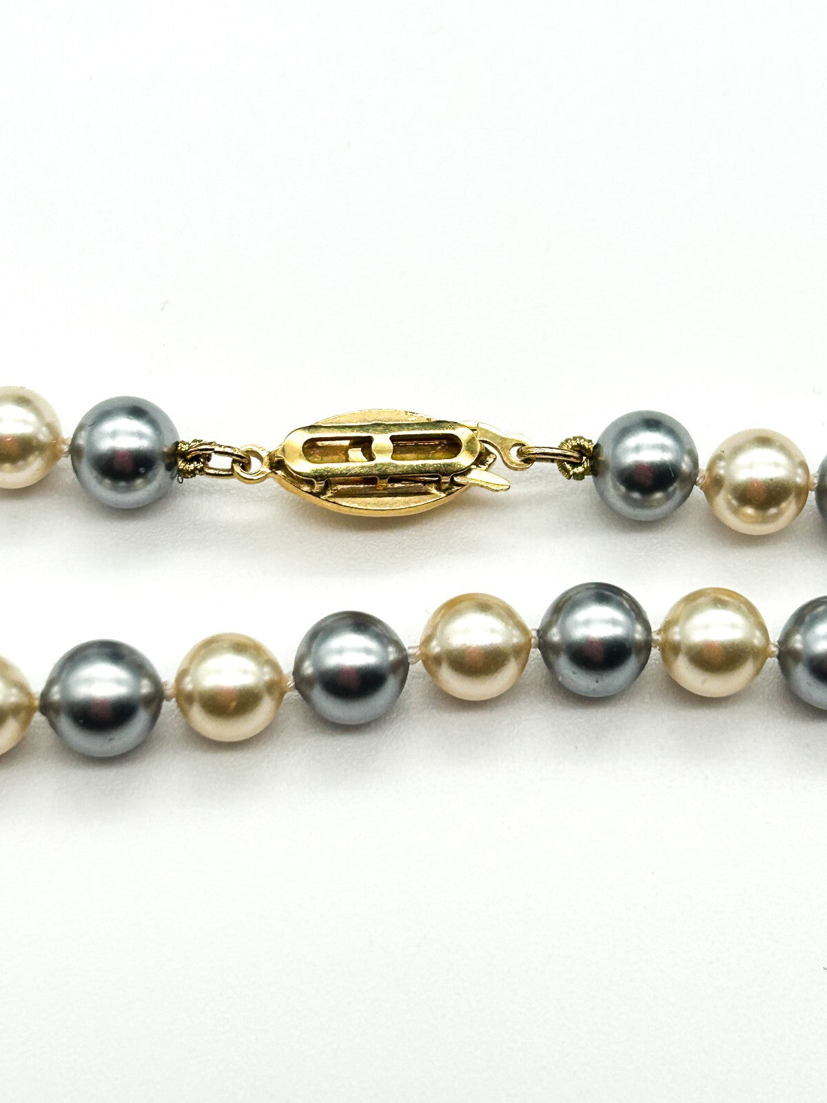 Vintage Grey Cream Glass Faux Pearl Necklace Hand Knotted Rhinestone Hook Clasp
