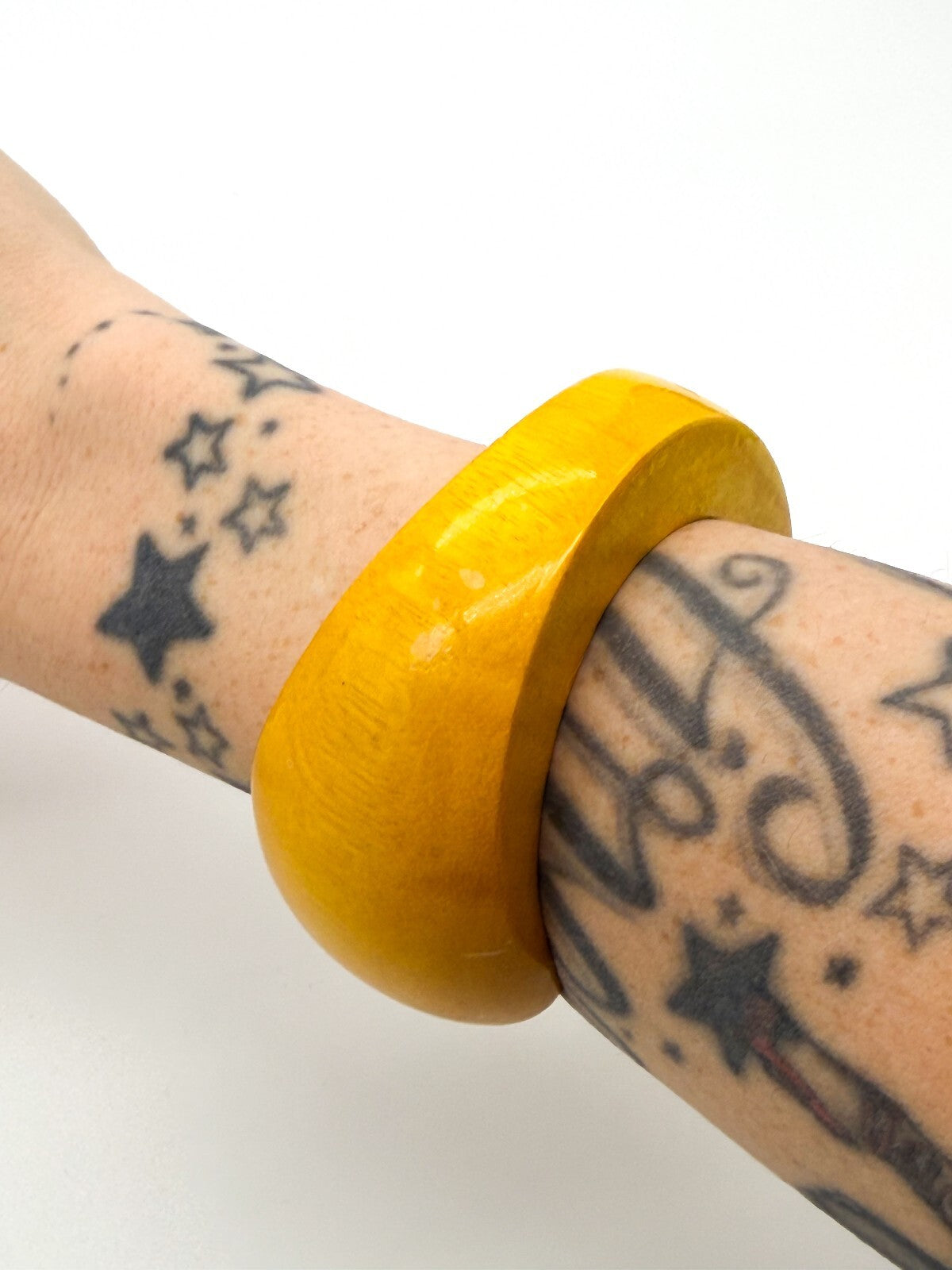 Vintage Mustard Yellow Wooden Cuff Bangle Wide Gloss Wood Statement Bracelet