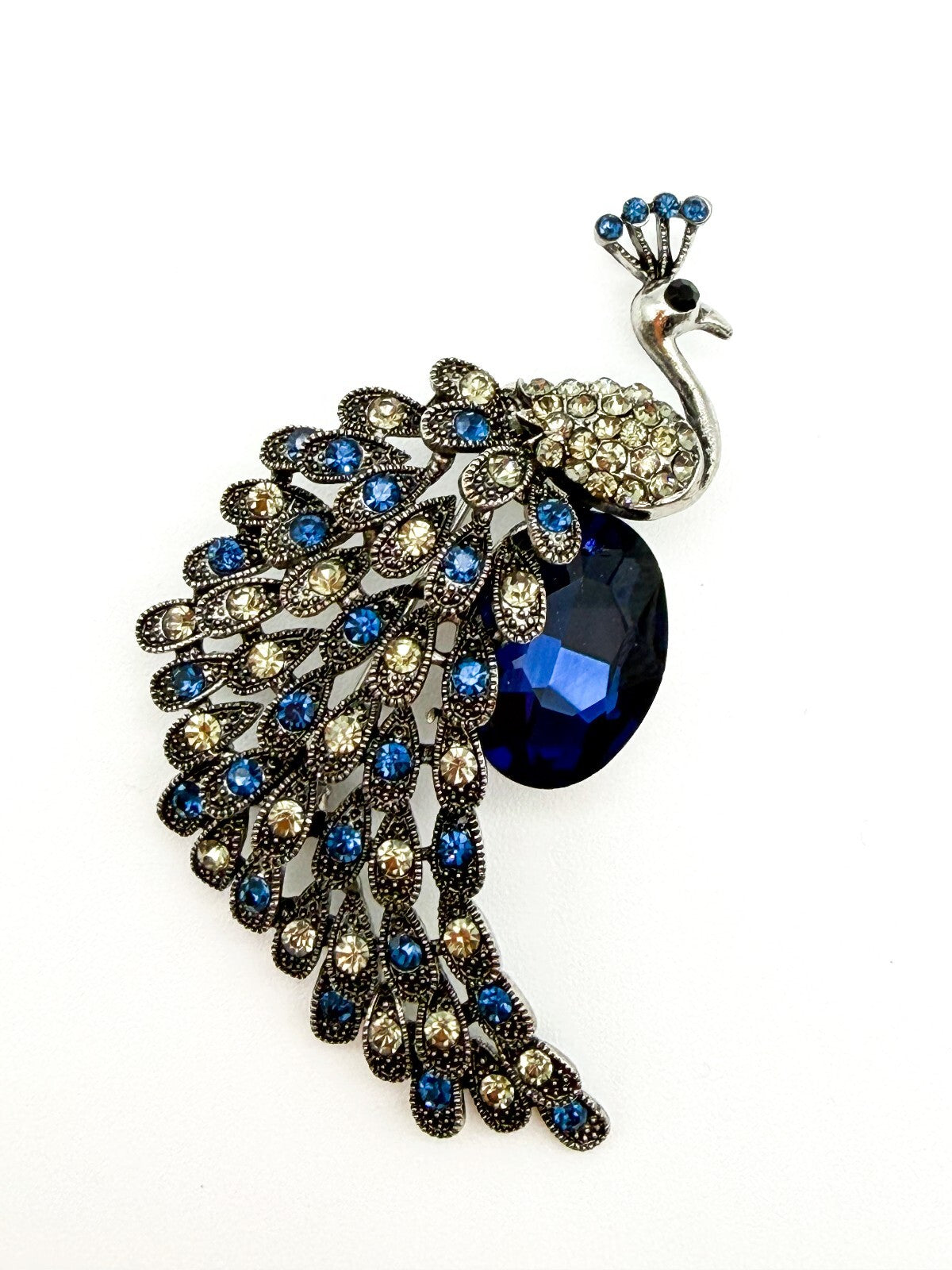 Peacock Rhinestone Brooch Blue Faceted Glass Bird Pin Silver Tone Statement