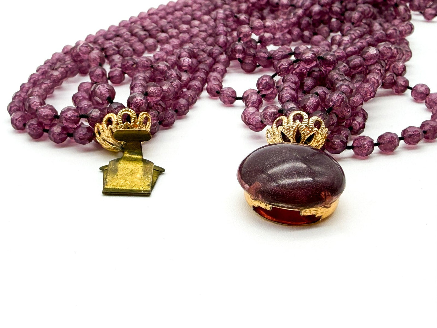 Vintage Hong Kong Style Purple Mauve Multi Strand Beaded Necklace Acrylic Collar