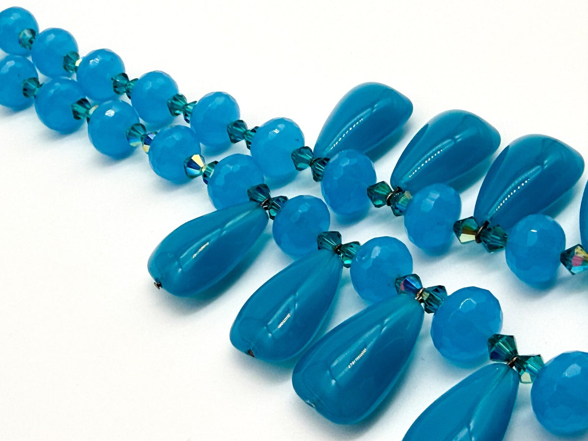 Turquoise Blue Glass Teardrop Fringe Statement Necklace Crystal Spacers Toggle