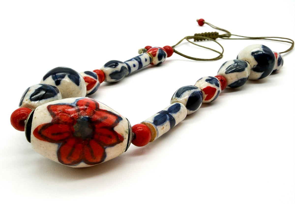 Vintage Red Blue White Ceramic Bead Necklace Adjustable Boho Floral Statement