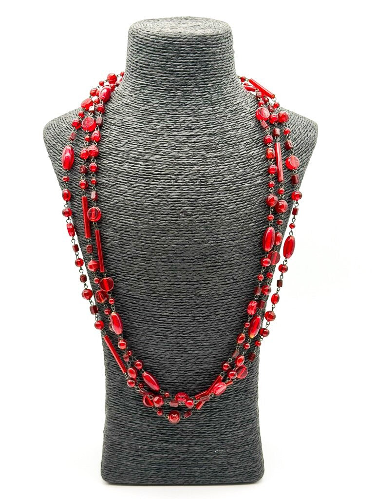 Vintage Red Glass Tube Disc & Oval Bead Necklace Long Layering Continuous Strand