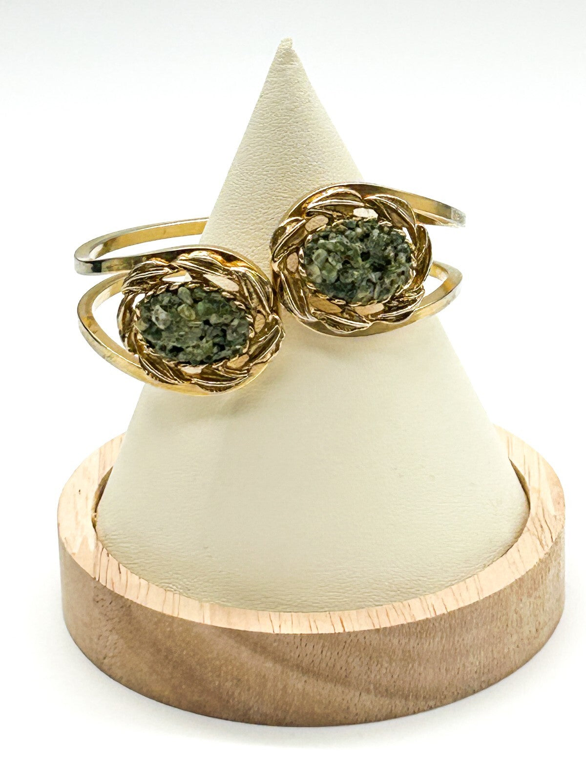 Vintage Gold Tone Faux Jade Glass Clamper Bangle Hinged Bracelet