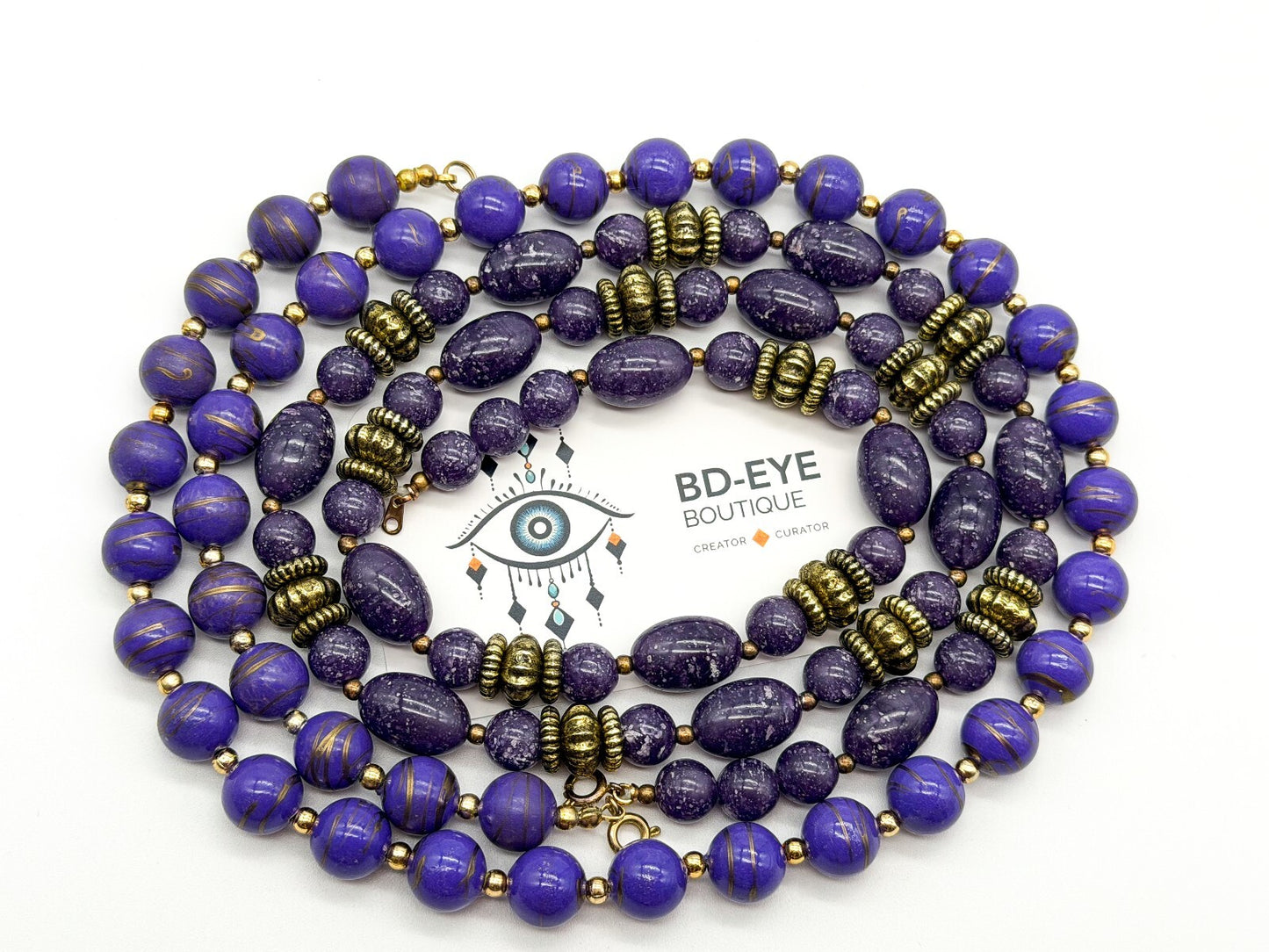 Vintage Purple Marbled Acrylic Bead Necklaces Gold Swirl Beads Necklace Duo