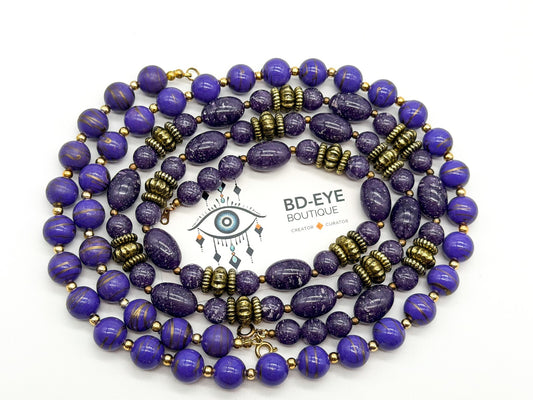 Vintage Purple Marbled Acrylic Bead Necklaces Gold Swirl Beads Necklace Duo