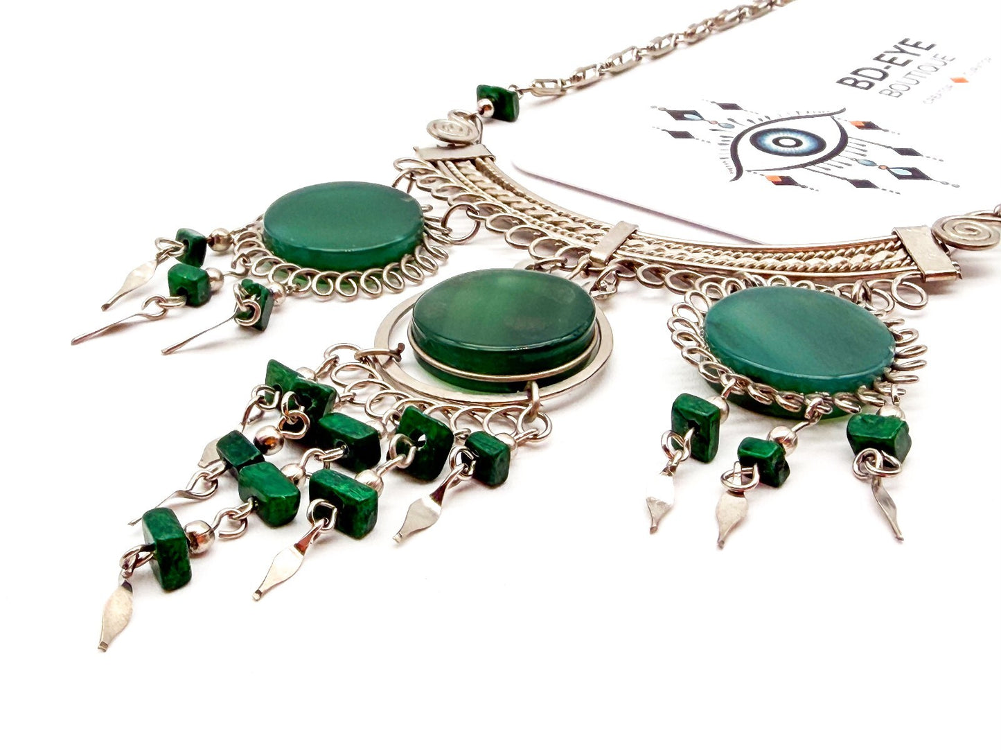 Peruvian Alpaca Silver Green Agate Necklace Earrings Set Malachite Bib Statement