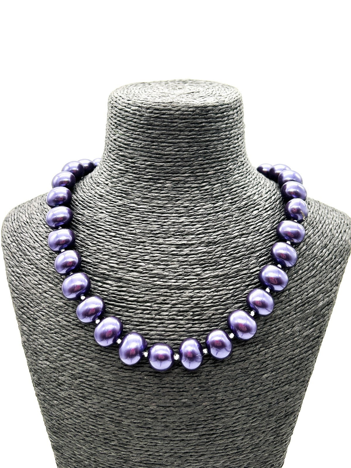 Vintage Chunky Purple Glass Faux Pearl Necklace Hand Knotted Magnetic Clasp