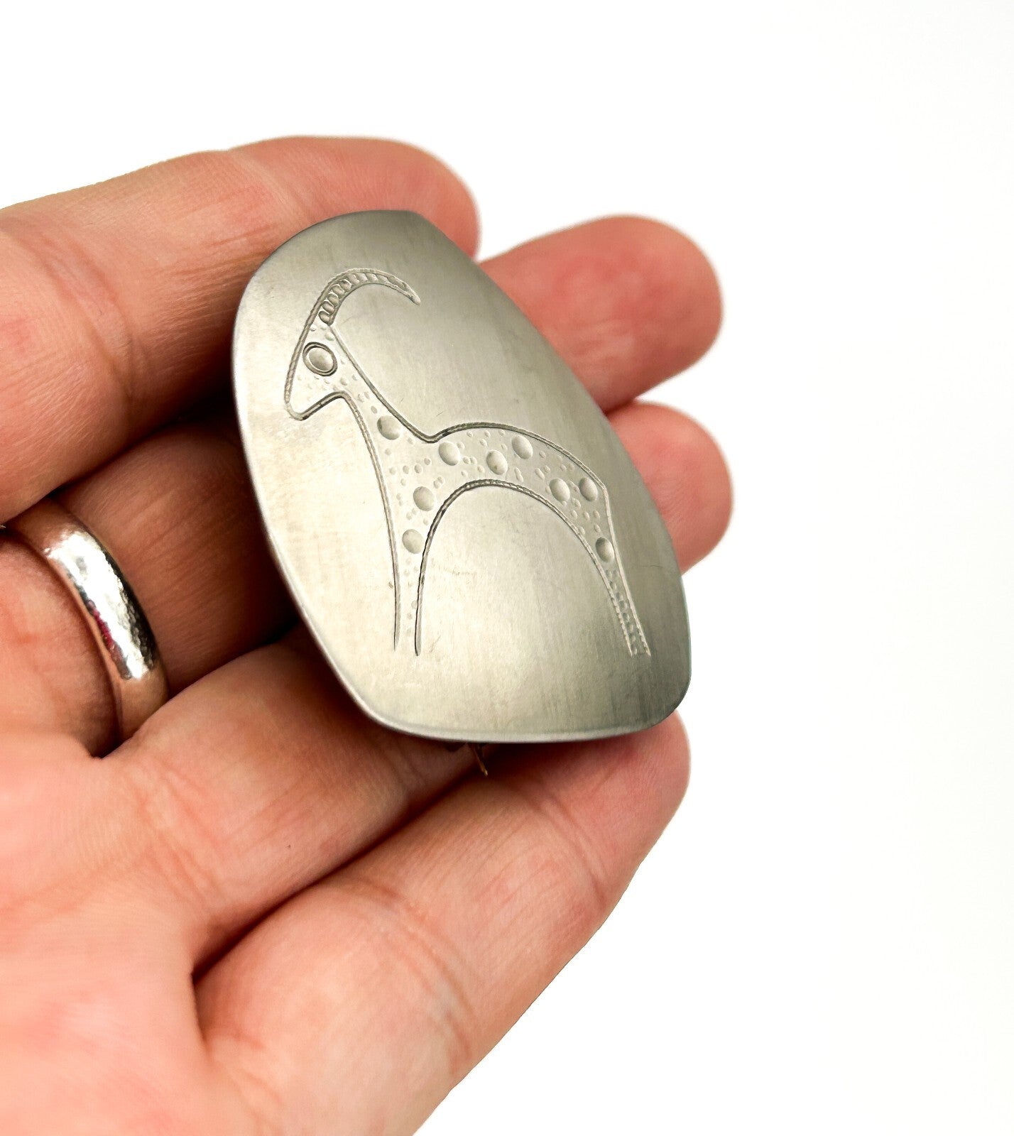Vintage Sterling Silver Oryx Brooch Etched Antelope Gazelle Modernist Pin